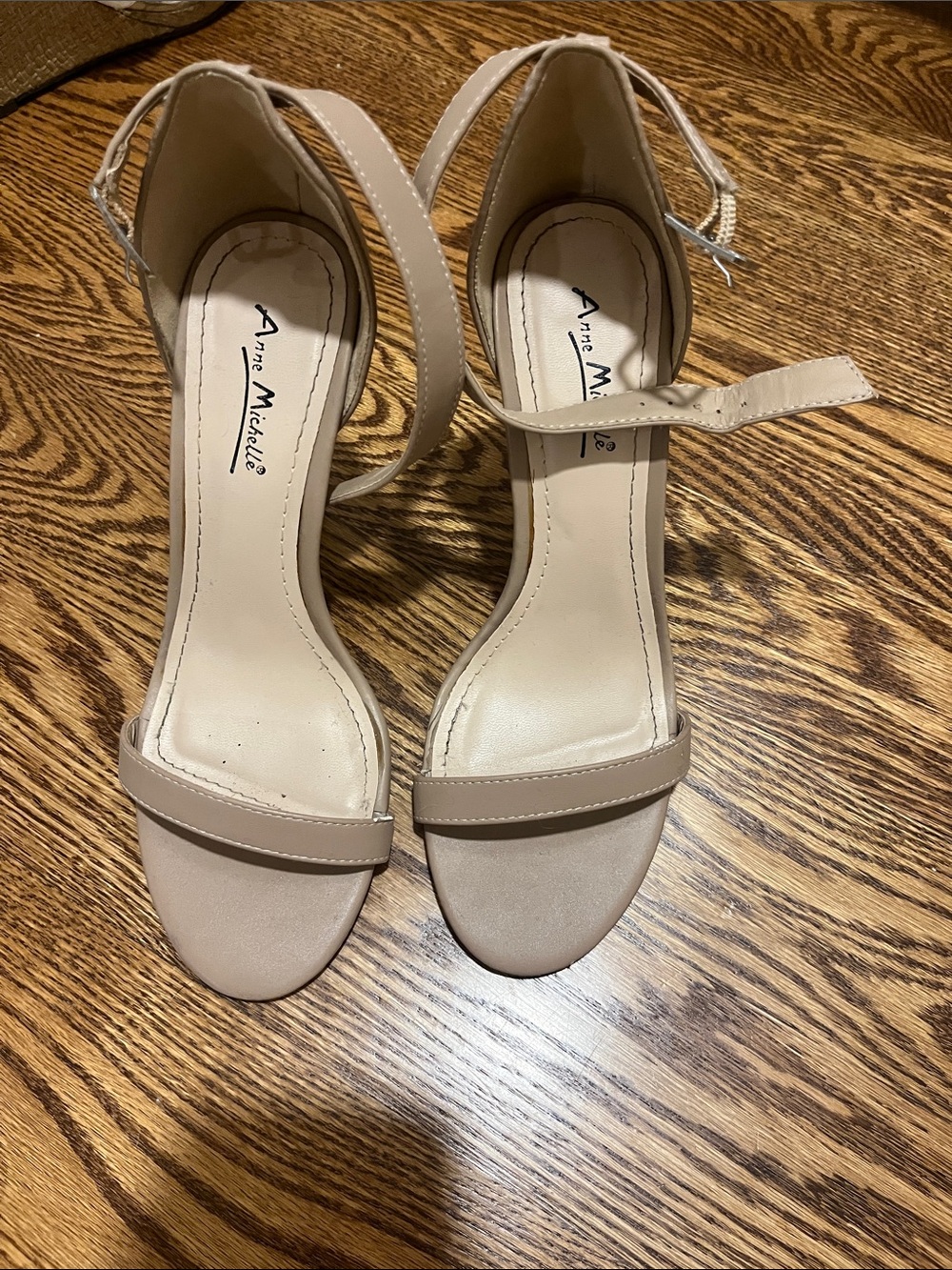 Anne Michelle Beige Ankle-Strap Open-Toe Heels